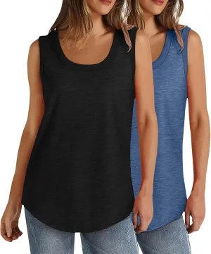 2 Pack Women Tunic Tank Tops Summer Ribbed Trim Sleeveless T-Shirts Casual Crewneck Curved Hem Loose Tanks Shirt