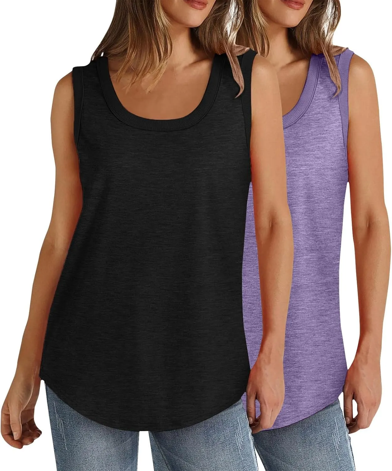 2 Pack Women Tunic Tank Tops Summer Ribbed Trim Sleeveless T-Shirts Casual Crewneck Curved Hem Loose Tanks Shirt