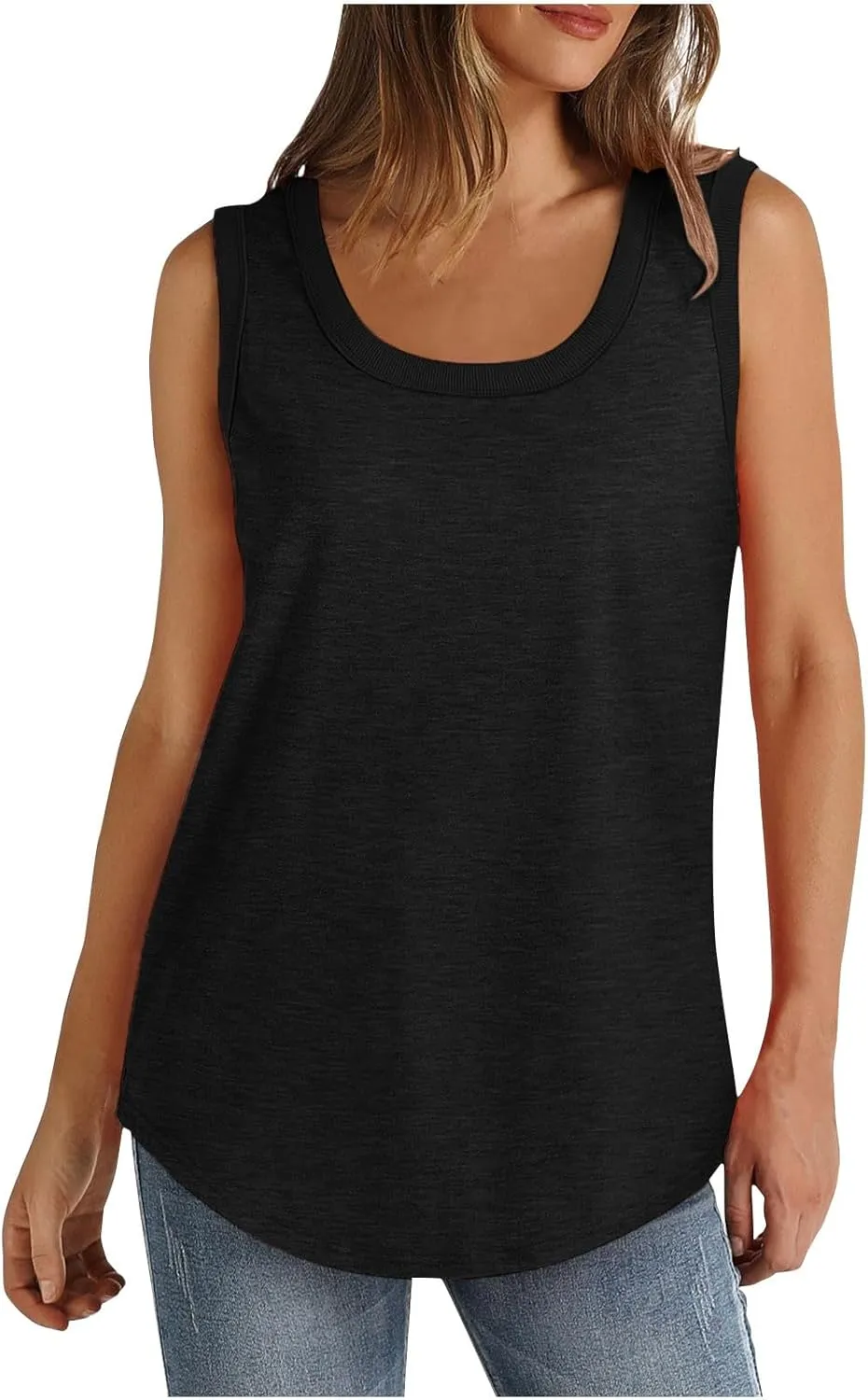 2 Pack Women Tunic Tank Tops Summer Ribbed Trim Sleeveless T-Shirts Casual Crewneck Curved Hem Loose Tanks Shirt