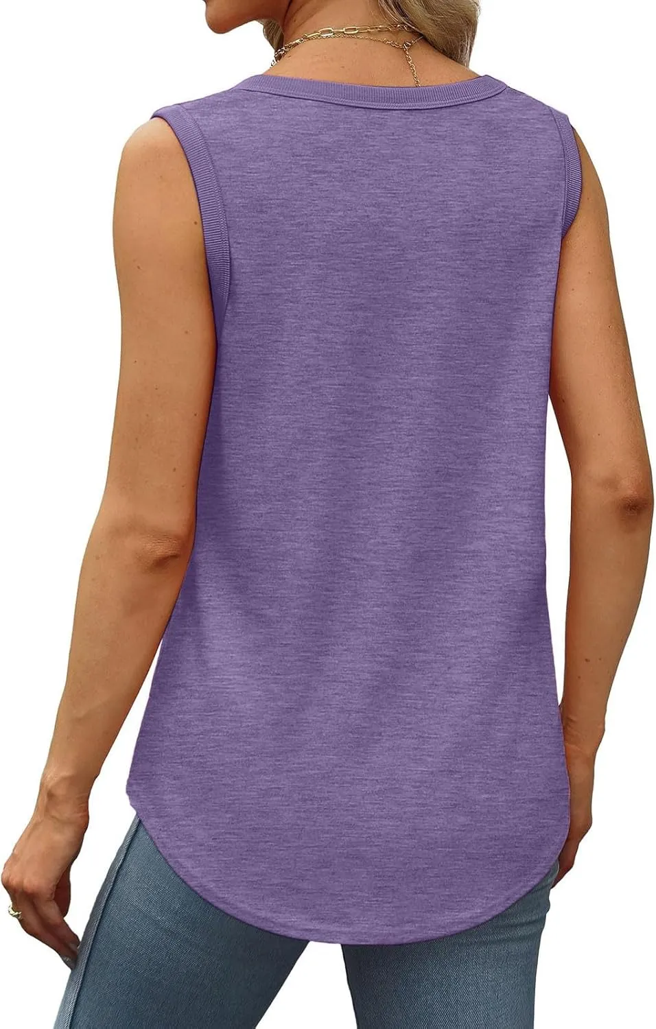 2 Pack Women Tunic Tank Tops Summer Ribbed Trim Sleeveless T-Shirts Casual Crewneck Curved Hem Loose Tanks Shirt