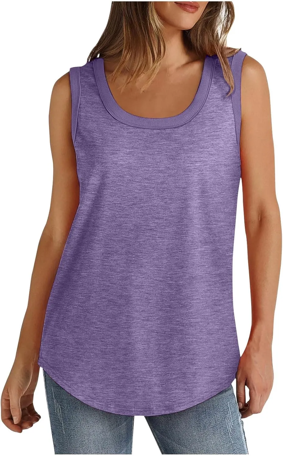 2 Pack Women Tunic Tank Tops Summer Ribbed Trim Sleeveless T-Shirts Casual Crewneck Curved Hem Loose Tanks Shirt