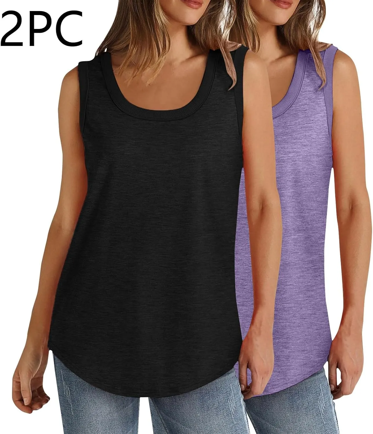 2 Pack Women Tunic Tank Tops Summer Ribbed Trim Sleeveless T-Shirts Casual Crewneck Curved Hem Loose Tanks Shirt