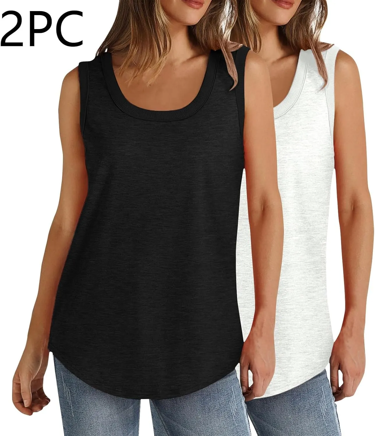 2 Pack Women Tunic Tank Tops Summer Ribbed Trim Sleeveless T-Shirts Casual Crewneck Curved Hem Loose Tanks Shirt