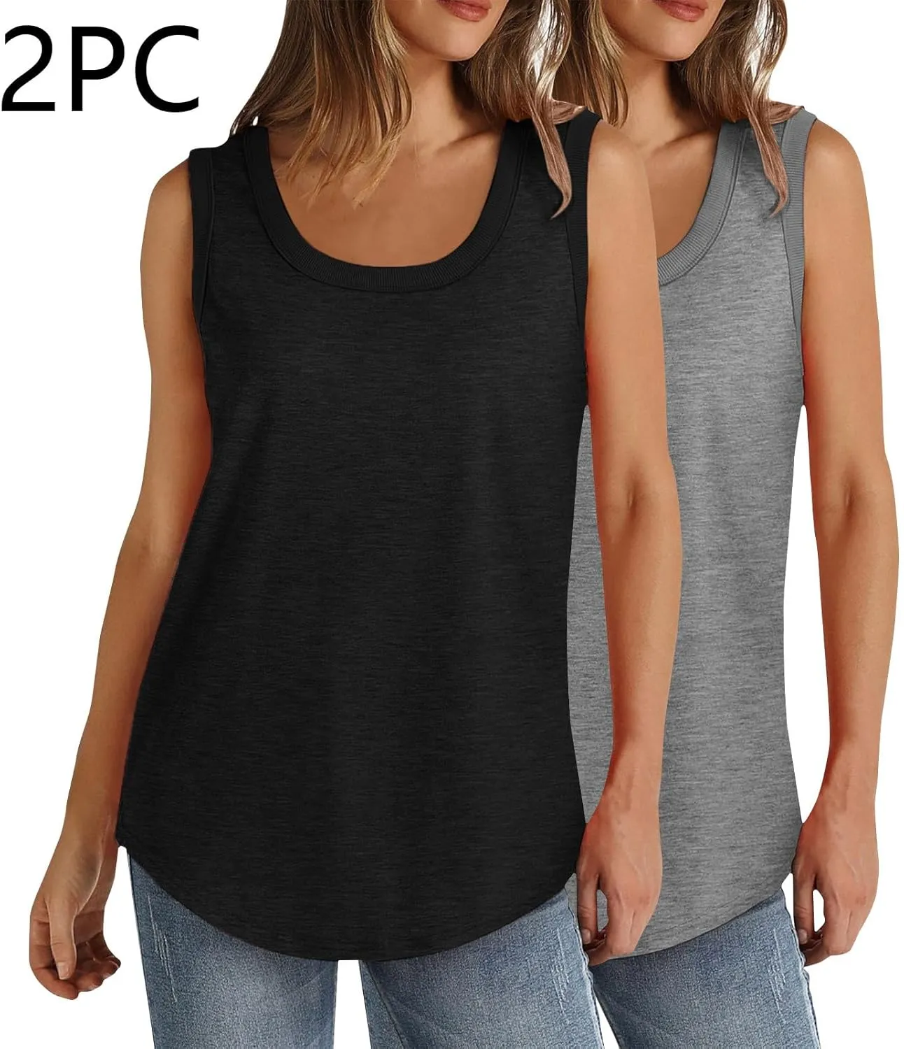 2 Pack Women Tunic Tank Tops Summer Ribbed Trim Sleeveless T-Shirts Casual Crewneck Curved Hem Loose Tanks Shirt