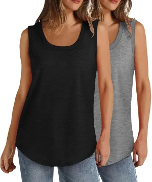2 Pack Women Tunic Tank Tops Summer Ribbed Trim Sleeveless T-Shirts Casual Crewneck Curved Hem Loose Tanks Shirt