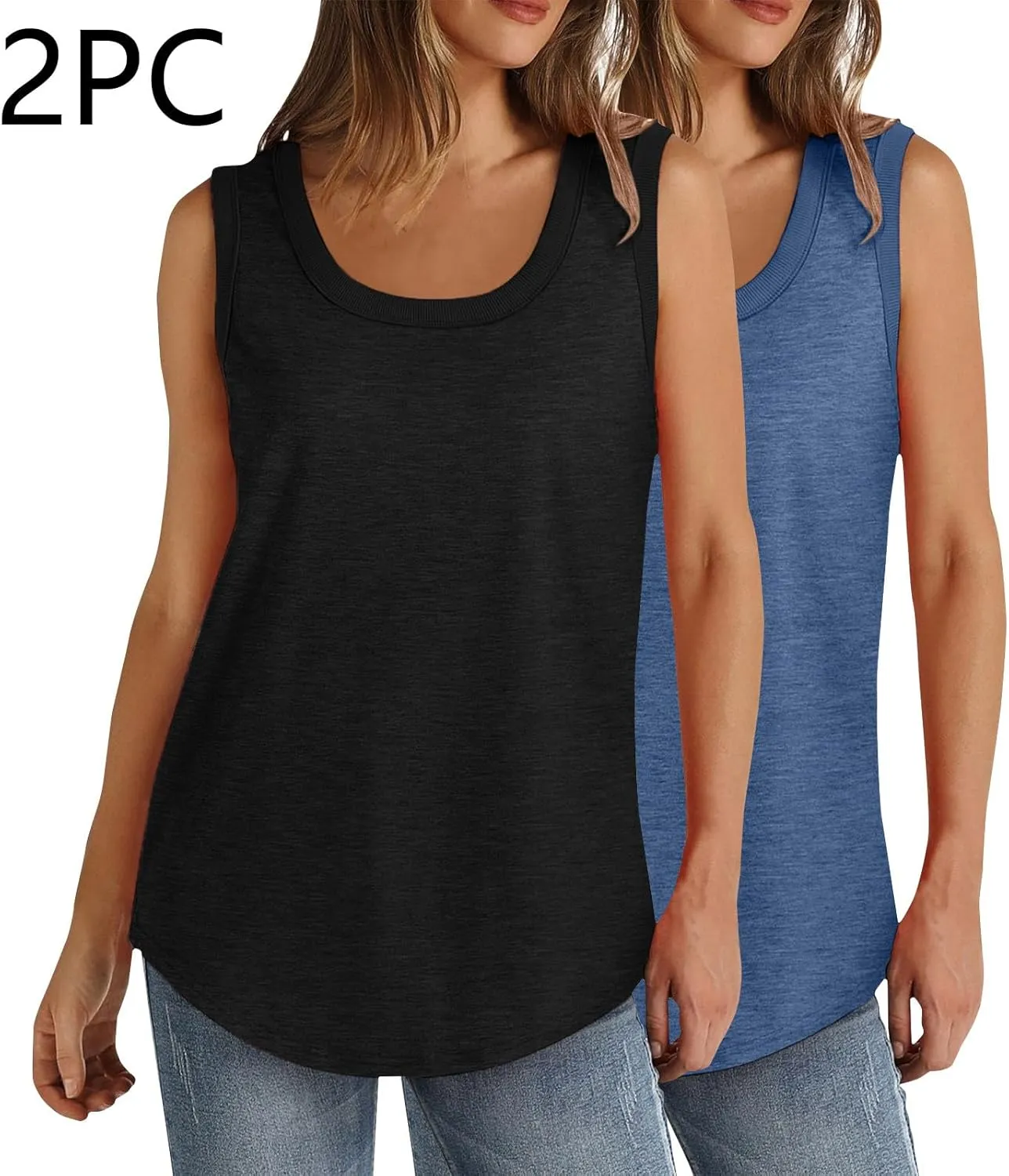2 Pack Women Tunic Tank Tops Summer Ribbed Trim Sleeveless T-Shirts Casual Crewneck Curved Hem Loose Tanks Shirt