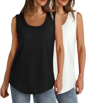2 Pack Women Tunic Tank Tops Summer Ribbed Trim Sleeveless T-Shirts Casual Crewneck Curved Hem Loose Tanks Shirt