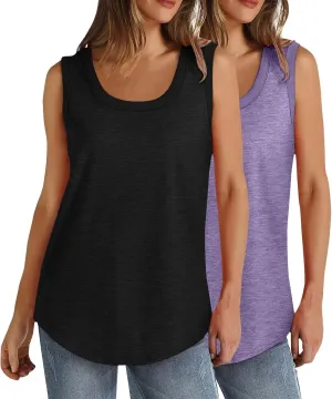 2 Pack Women Tunic Tank Tops Summer Ribbed Trim Sleeveless T-Shirts Casual Crewneck Curved Hem Loose Tanks Shirt