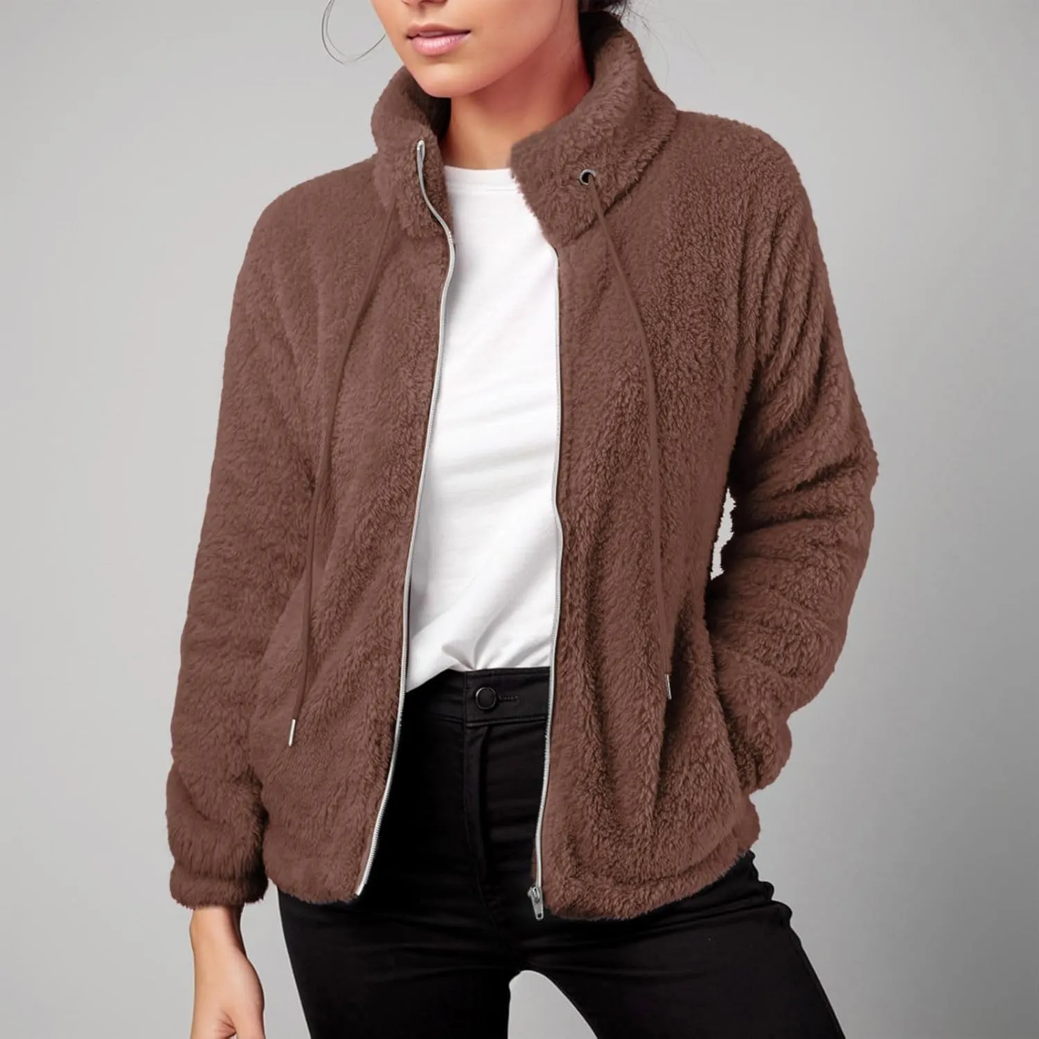 2024 Womens Fleece Jackets Winter Casual Fuzzy Coats Warm Plush Zipper Sweatshirt Dressy Loose Plus Size Outwear Trench Coat