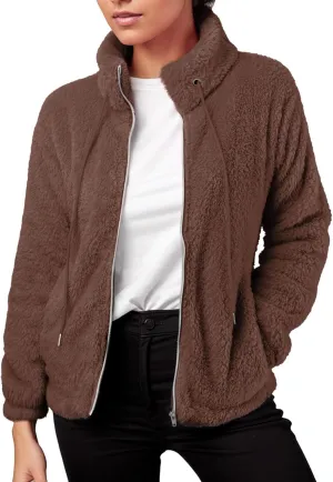 2024 Womens Fleece Jackets Winter Casual Fuzzy Coats Warm Plush Zipper Sweatshirt Dressy Loose Plus Size Outwear Trench Coat