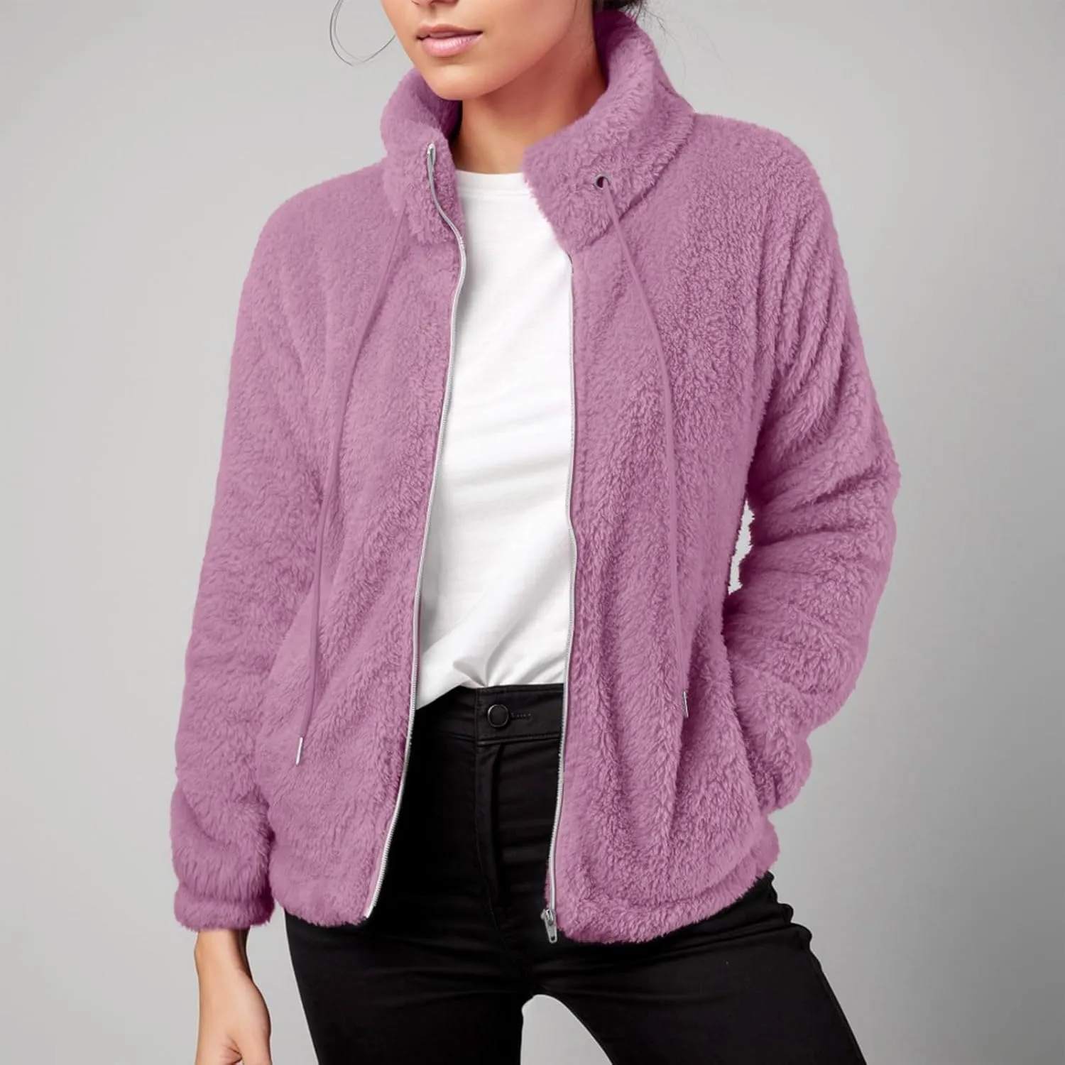 2024 Womens Fleece Jackets Winter Casual Fuzzy Coats Warm Plush Zipper Sweatshirt Dressy Loose Plus Size Outwear Trench Coat