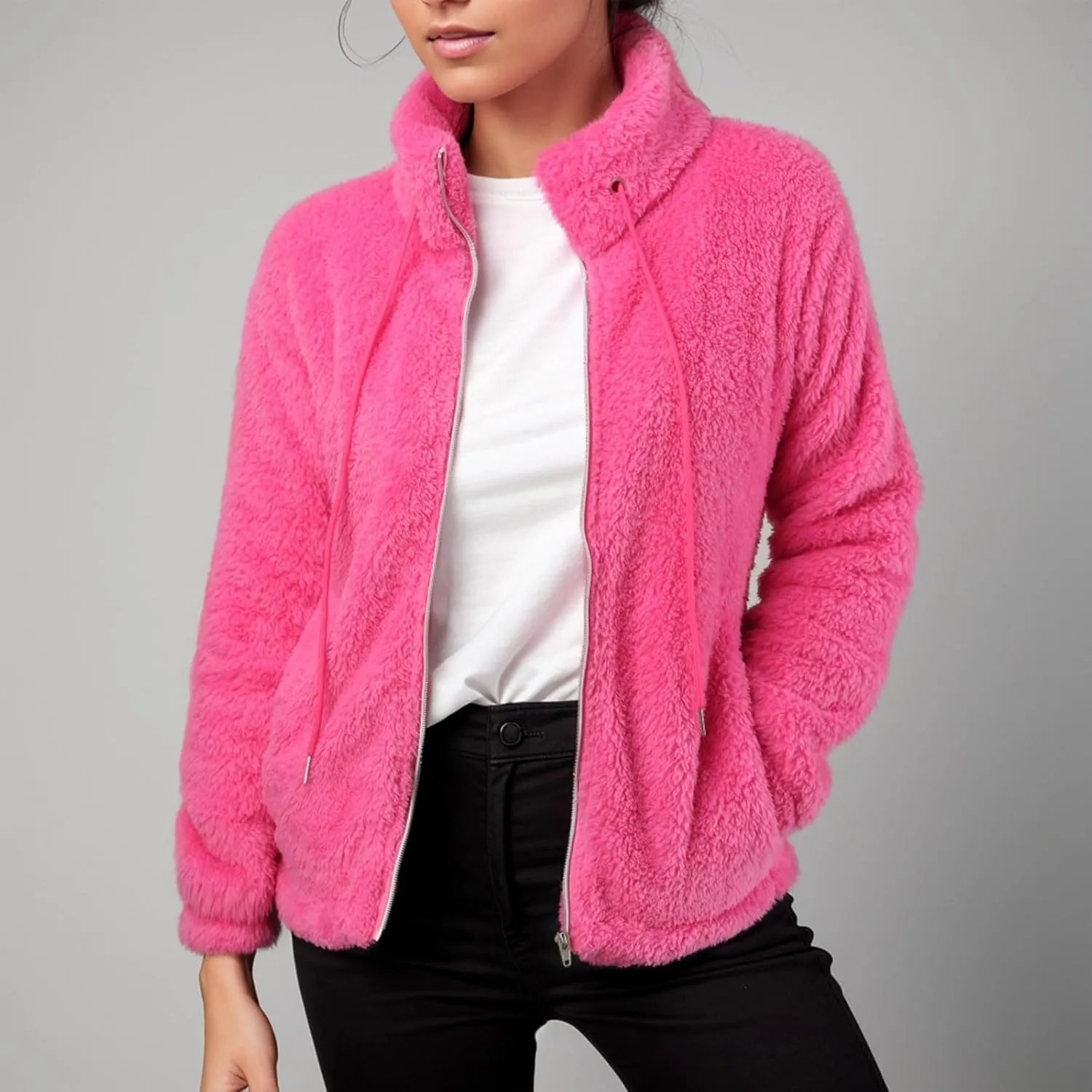 2024 Womens Fleece Jackets Winter Casual Fuzzy Coats Warm Plush Zipper Sweatshirt Dressy Loose Plus Size Outwear Trench Coat