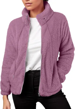 2024 Womens Fleece Jackets Winter Casual Fuzzy Coats Warm Plush Zipper Sweatshirt Dressy Loose Plus Size Outwear Trench Coat