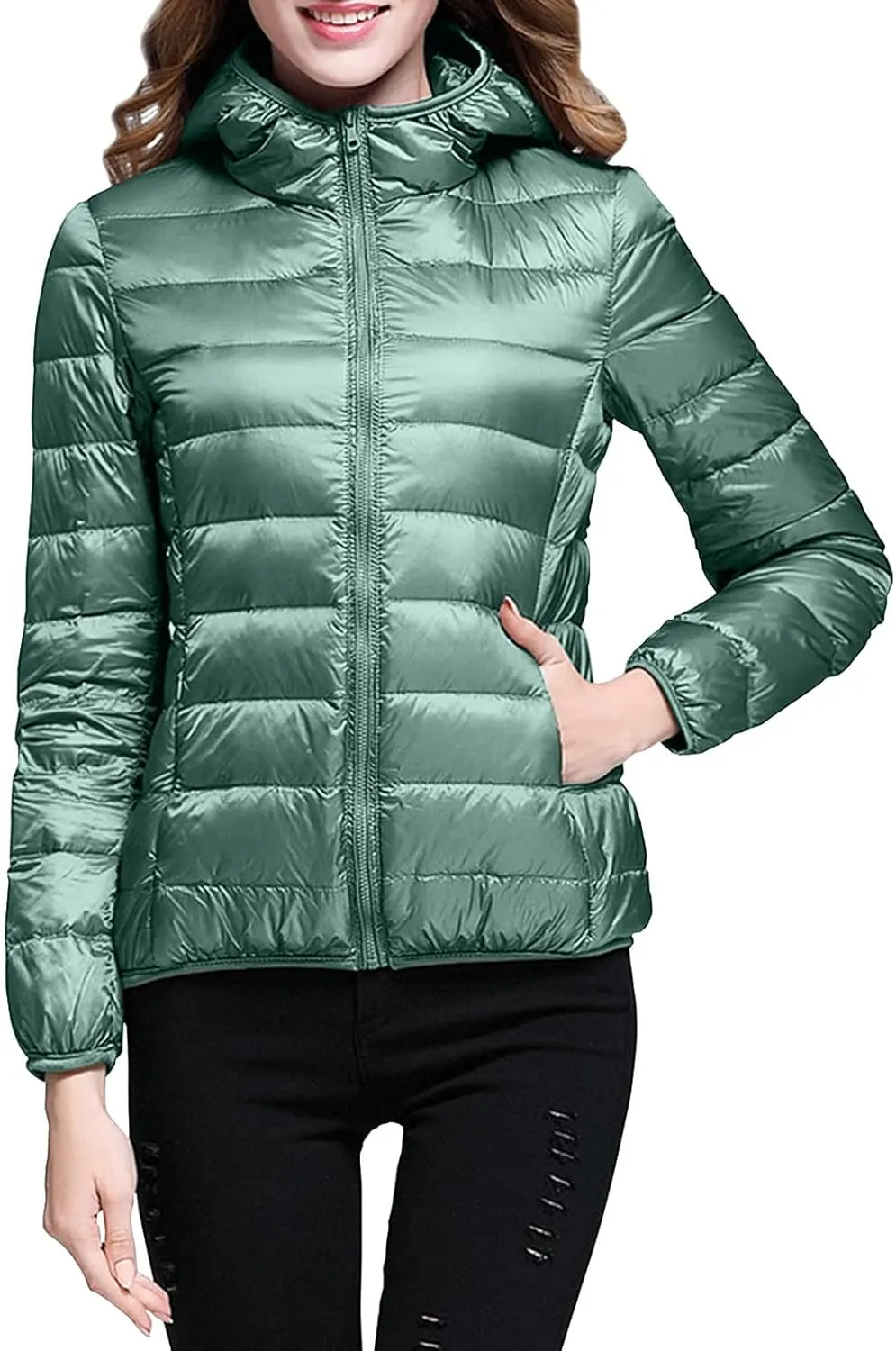 2024 Women's Hooded Packable Puffer Jackets Winter Lightweight Warm Down Coats Trendy Slim Fit Windproof Duck Down Outwear
