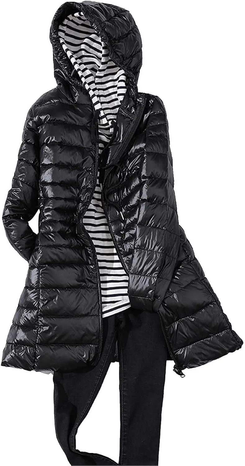 2024 Women's Packable Long Hooded Puffer Jackets Full-Zip Down Coats Insulated Quilted Warm Lightweight Winter Outwear
