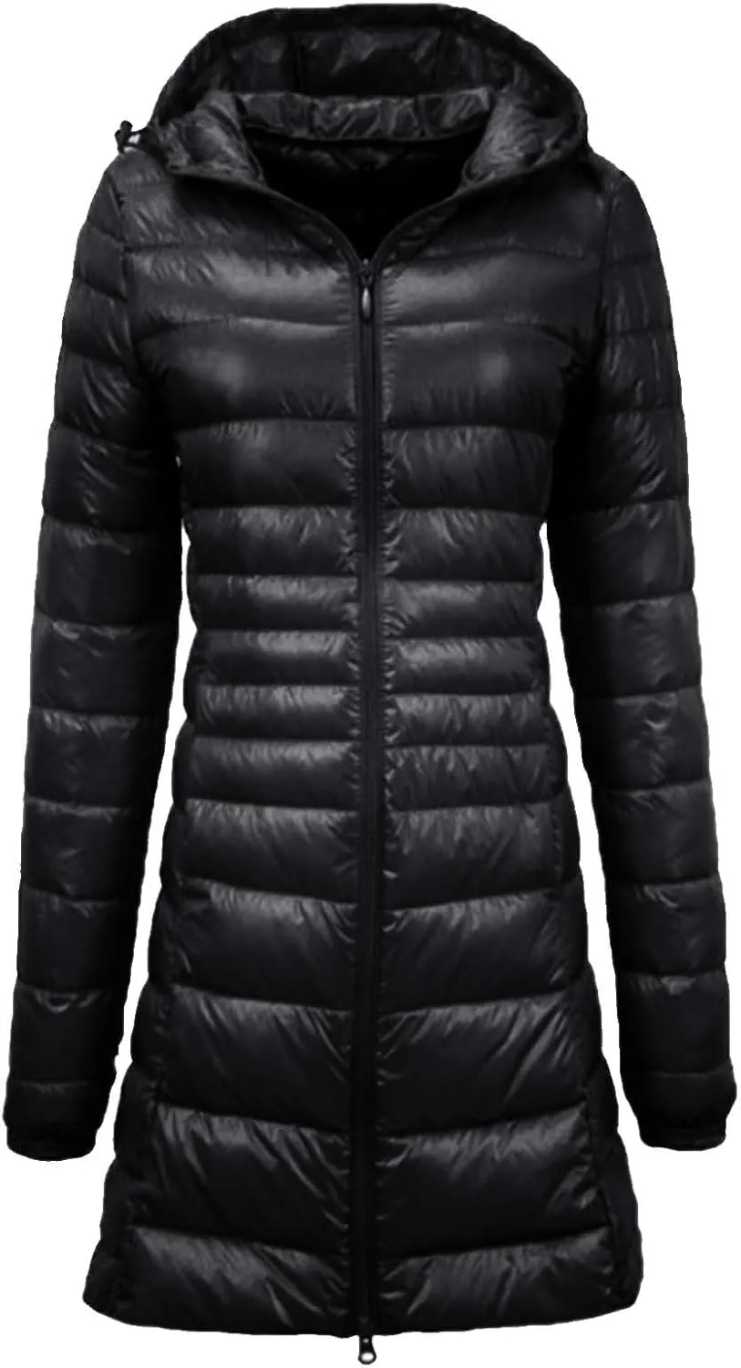 2024 Women's Packable Long Hooded Puffer Jackets Full-Zip Down Coats Insulated Quilted Warm Lightweight Winter Outwear