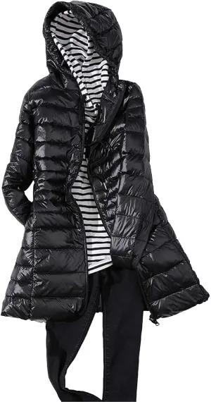 2024 Women's Packable Long Hooded Puffer Jackets Full-Zip Down Coats Insulated Quilted Warm Lightweight Winter Outwear