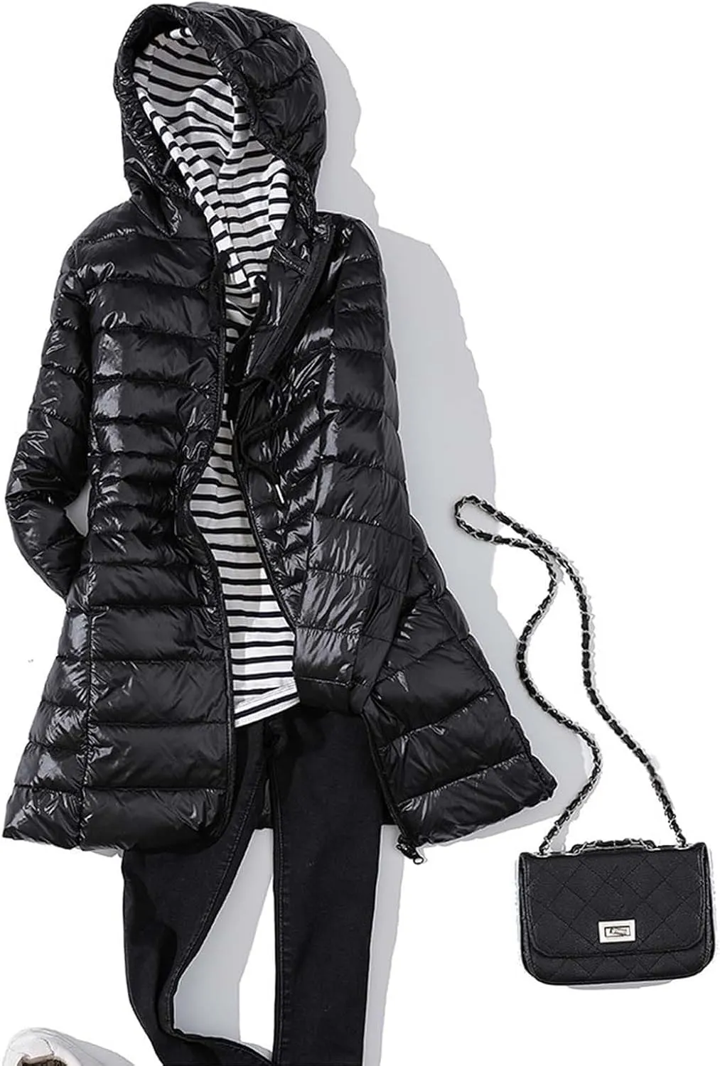 2024 Women's Packable Long Hooded Puffer Jackets Full-Zip Down Coats Insulated Quilted Warm Lightweight Winter Outwear