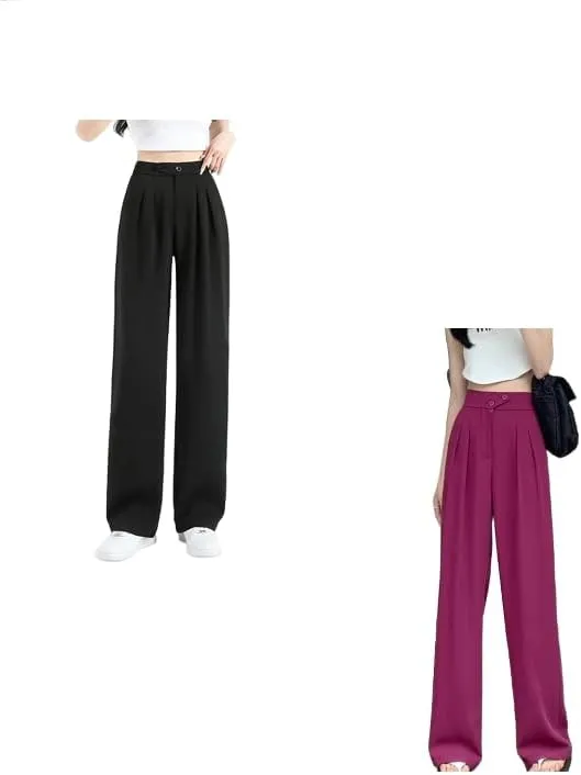 2PCS Figure-Flattering Versatile High-Waisted Wide Leg Trousers Women's Ice Silk Casual Loose Fit Straight Long Pants
