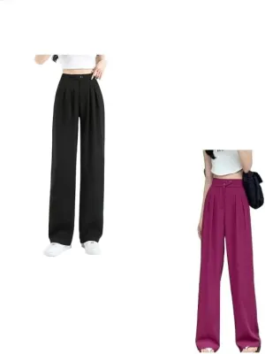2PCS Figure-Flattering Versatile High-Waisted Wide Leg Trousers Women's Ice Silk Casual Loose Fit Straight Long Pants