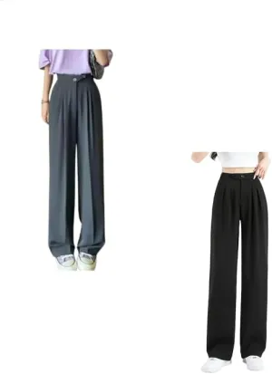 2PCS Figure-Flattering Versatile High-Waisted Wide Leg Trousers Women's Ice Silk Casual Loose Fit Straight Long Pants