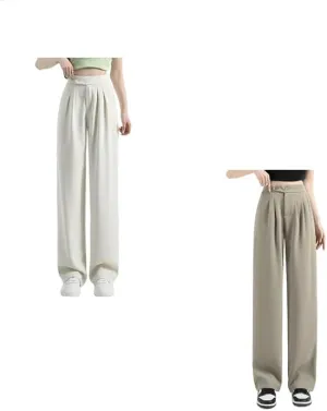 2PCS Figure-Flattering Versatile High-Waisted Wide Leg Trousers Women's Ice Silk Casual Loose Fit Straight Long Pants