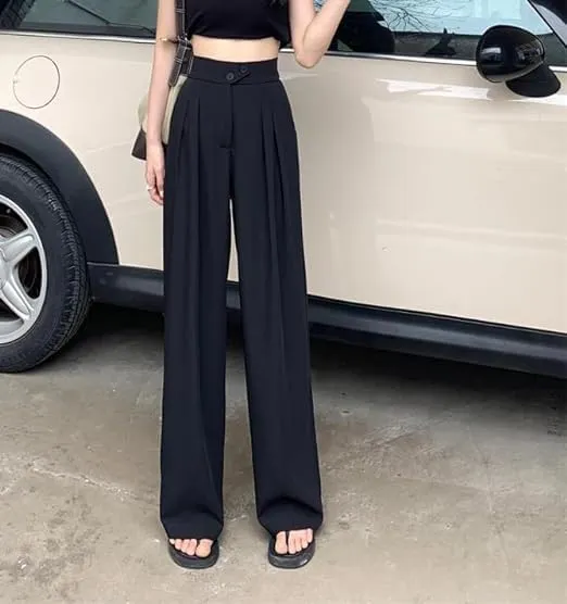 2PCS Figure-Flattering Versatile High-Waisted Wide Leg Trousers Women's Ice Silk Casual Loose Fit Straight Long Pants