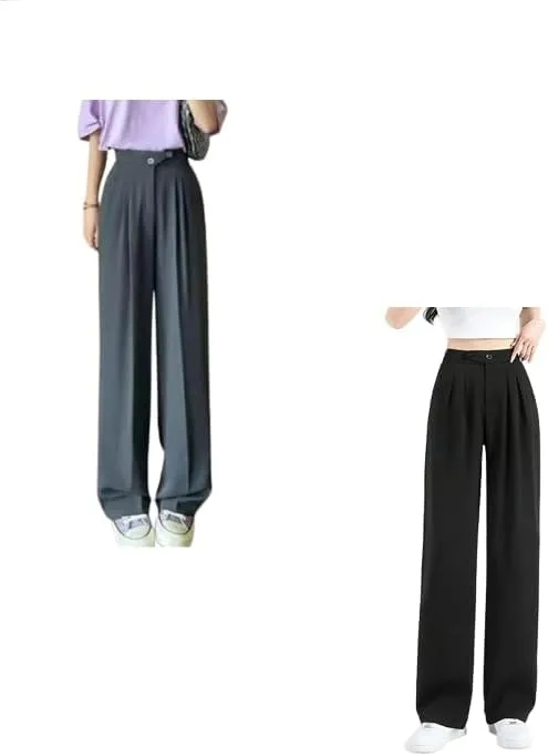 2PCS Figure-Flattering Versatile High-Waisted Wide Leg Trousers Women's Ice Silk Casual Loose Fit Straight Long Pants