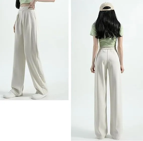 2PCS Figure-Flattering Versatile High-Waisted Wide Leg Trousers Women's Ice Silk Casual Loose Fit Straight Long Pants