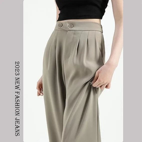 2PCS Figure-Flattering Versatile High-Waisted Wide Leg Trousers Women's Ice Silk Casual Loose Fit Straight Long Pants