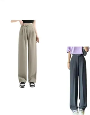 2PCS Figure-Flattering Versatile High-Waisted Wide Leg Trousers Women's Ice Silk Casual Loose Fit Straight Long Pants