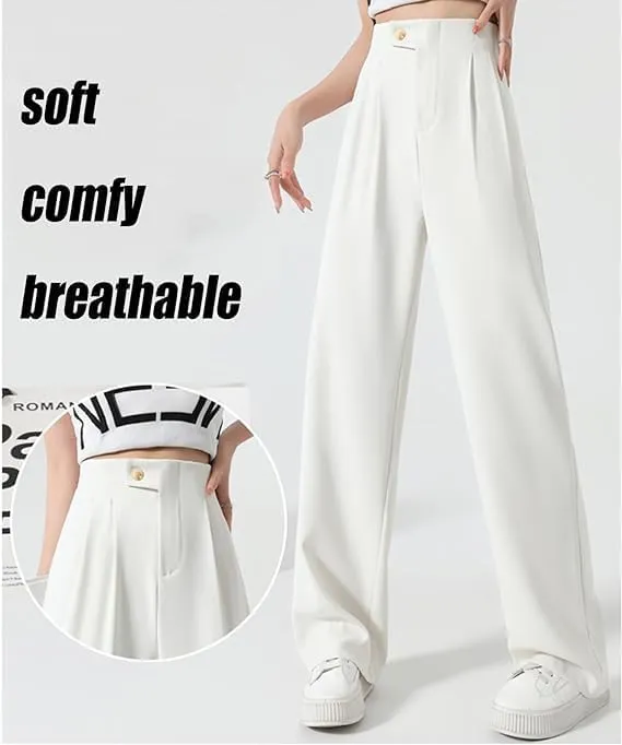 2PCS Figure-Flattering Versatile High-Waisted Wide Leg Trousers Women's Ice Silk Casual Loose Fit Straight Long Pants