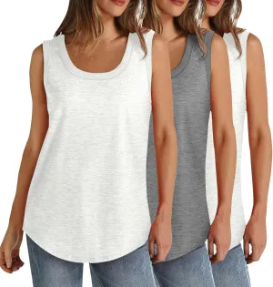 3 Pack Women Tunic Tank Tops Summer Ribbed Trim Sleeveless T-Shirts Casual Crewneck Curved Hem Flowy Tanks Shirts