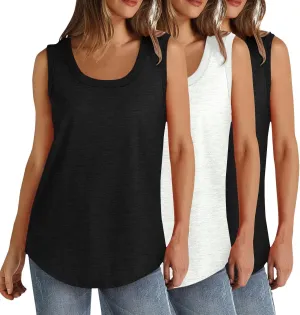 3 Pack Women Tunic Tank Tops Summer Ribbed Trim Sleeveless T-Shirts Casual Crewneck Curved Hem Flowy Tanks Shirts