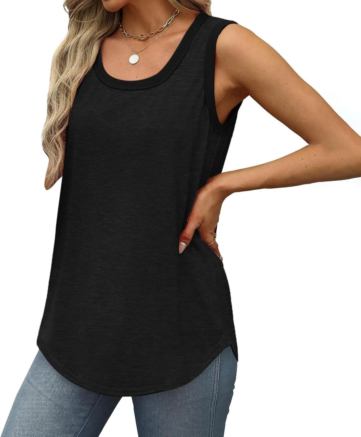 3 Pack Women Tunic Tank Tops Summer Ribbed Trim Sleeveless T-Shirts Casual Crewneck Curved Hem Flowy Tanks Shirts