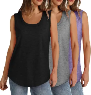 3 Pack Women Tunic Tank Tops Summer Ribbed Trim Sleeveless T-Shirts Casual Crewneck Curved Hem Flowy Tanks Shirts