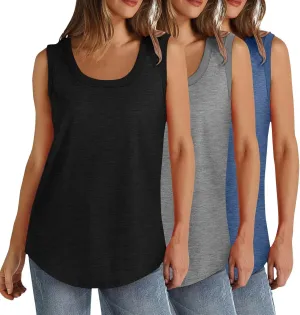 3 Pack Women Tunic Tank Tops Summer Ribbed Trim Sleeveless T-Shirts Casual Crewneck Curved Hem Flowy Tanks Shirts