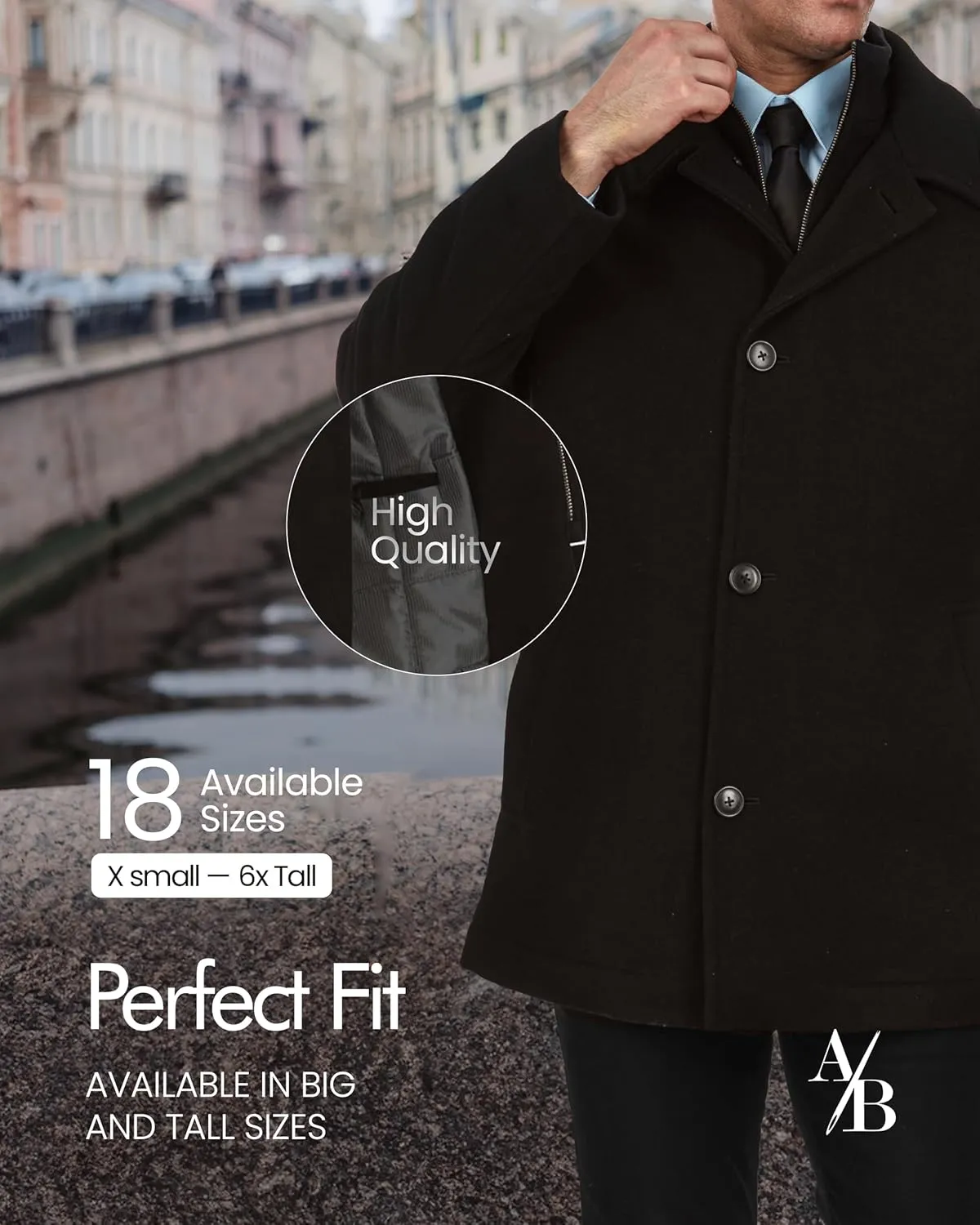 Adam Baker Men's Wool Coat | Classic Fit, Single-Breasted Overcoat | Big and Tall Winter Coats for Men | Wool Blend Jacket