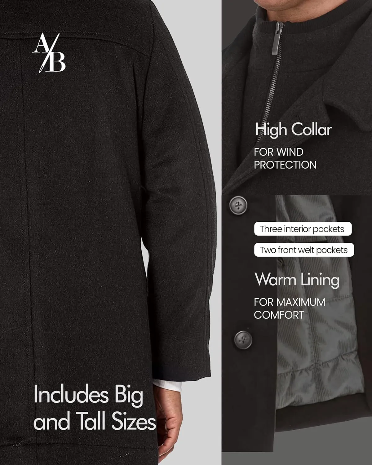 Adam Baker Men's Wool Coat | Classic Fit, Single-Breasted Overcoat | Big and Tall Winter Coats for Men | Wool Blend Jacket