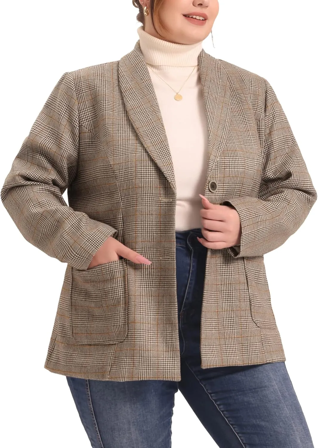Agnes Orinda Plus Size Plaid Blazer for Women Lapel Jacket Work Office Single Breasted Blazers