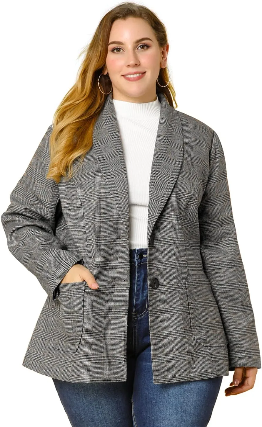 Agnes Orinda Plus Size Plaid Blazer for Women Lapel Jacket Work Office Single Breasted Blazers