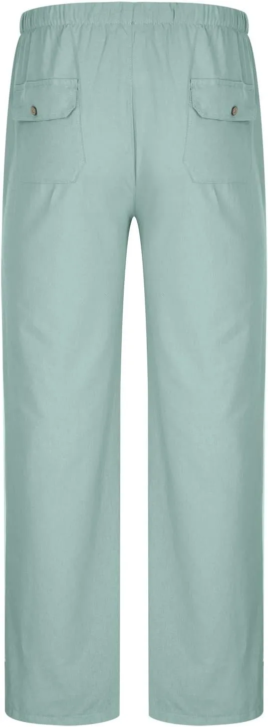 Big and Tall Linen Pants for Men Drawstring Lounge Pants Elastic Waist Dress Trousers Straight Leg Loose Pants