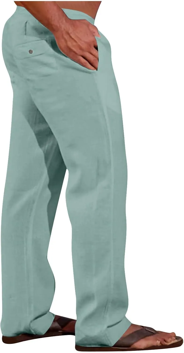Big and Tall Linen Pants for Men Drawstring Lounge Pants Elastic Waist Dress Trousers Straight Leg Loose Pants