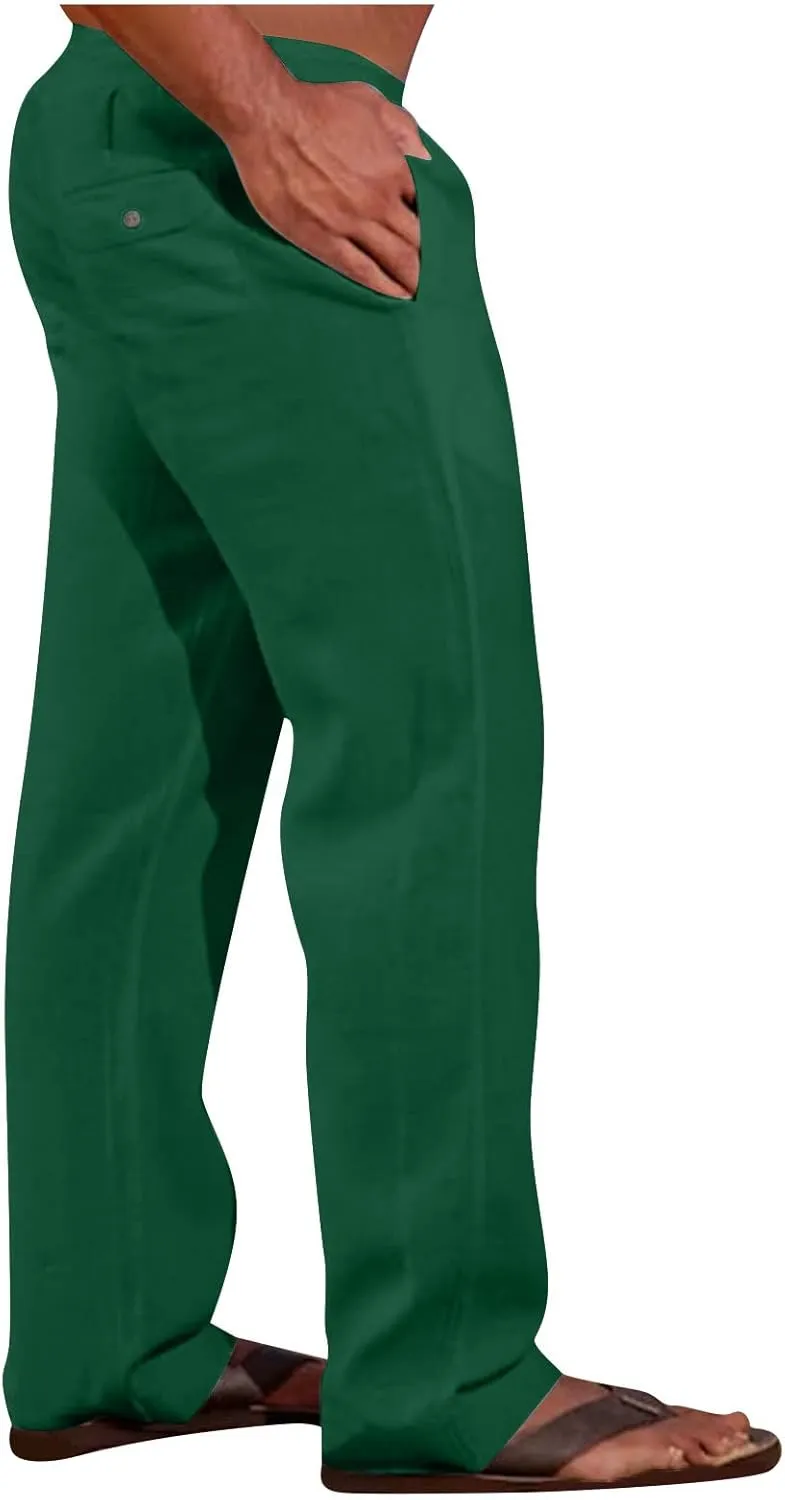 Big and Tall Linen Pants for Men Drawstring Lounge Pants Elastic Waist Dress Trousers Straight Leg Loose Pants
