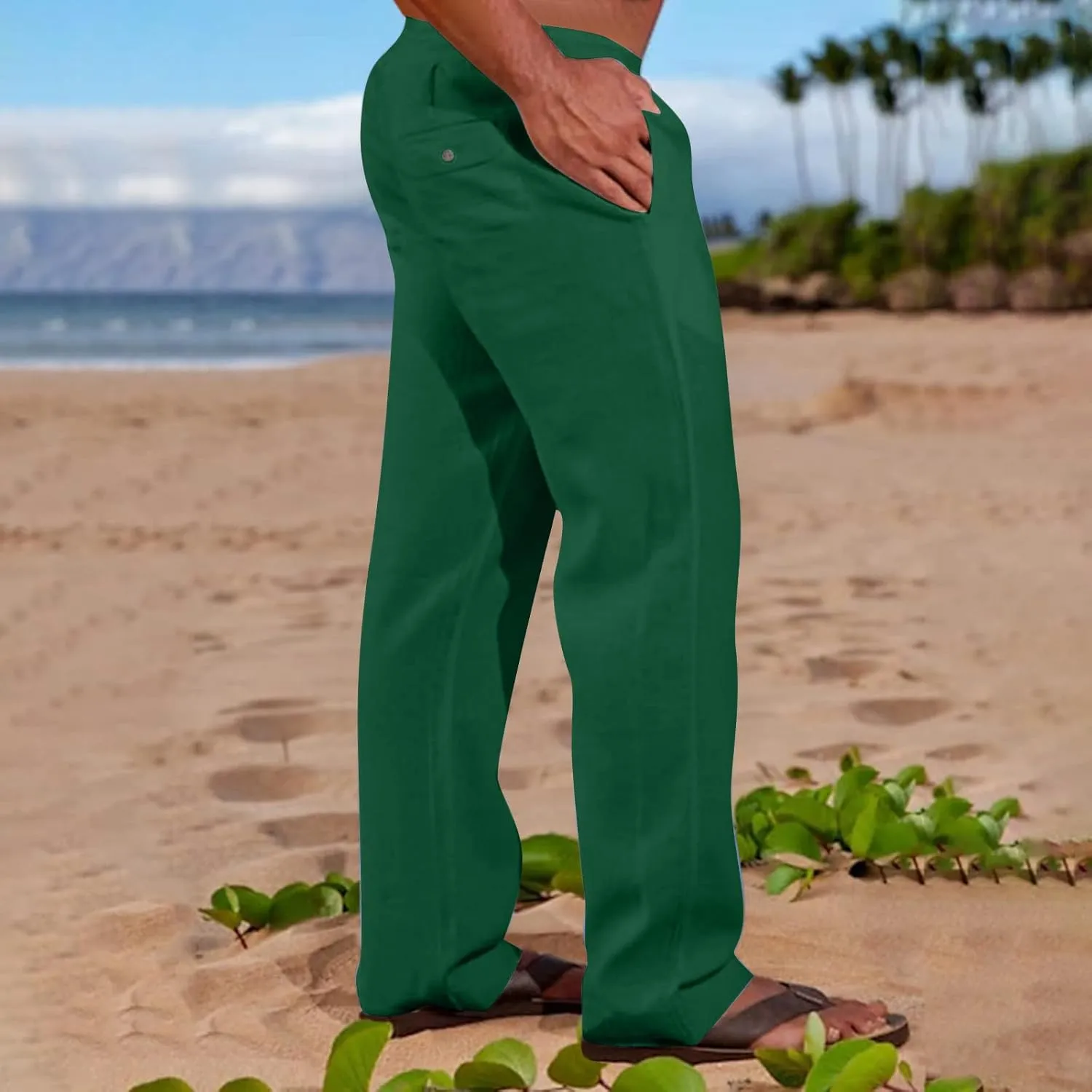 Big and Tall Linen Pants for Men Drawstring Lounge Pants Elastic Waist Dress Trousers Straight Leg Loose Pants