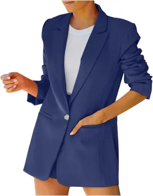 Blazers for Women One Button Work Office Suit Jackets with Pockets Long Sleeve Lapel Open Front Trendy Tailored Coat