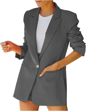 Blazers for Women One Button Work Office Suit Jackets with Pockets Long Sleeve Lapel Open Front Trendy Tailored Coat