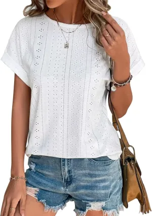 Bliwov Womens Tops Eyelet Embroidery Summer Spring Curved Hem 2025 Casual Short Sleeve Trendy T Shirts Beach Vacation Clothes