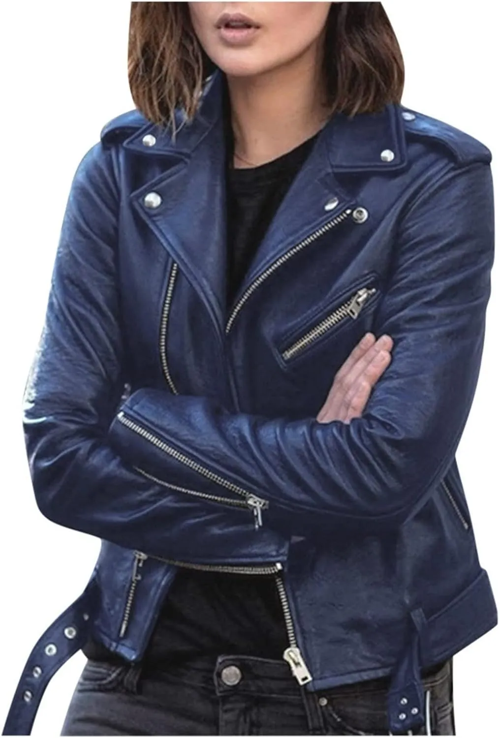 BOXIACEY Faux Leather Jacket Women Stylish 2025 Zipper Coats Classic Fit New Motorcycle Outerwear Fall Lapel Solid Tops