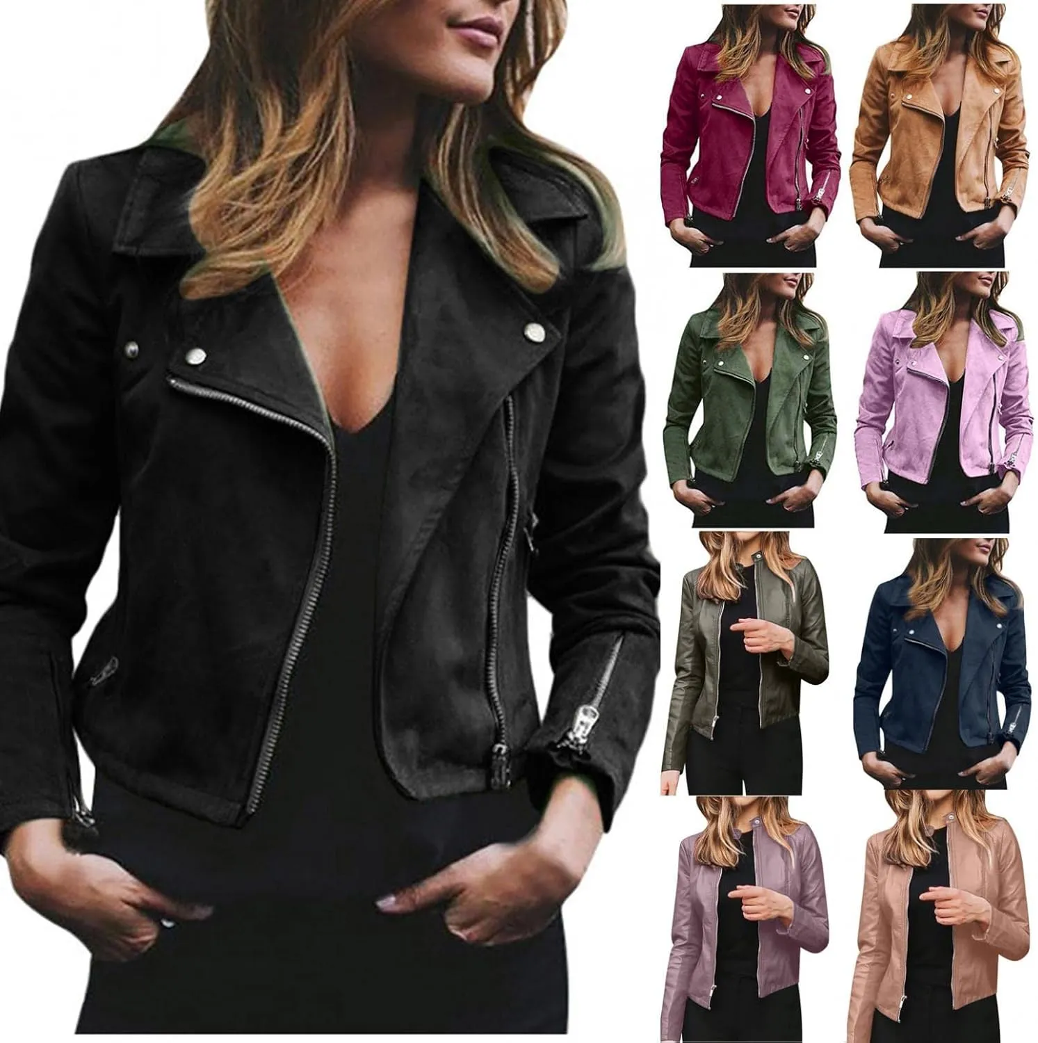 BOXIACEY Faux Leather Jacket Women Stylish 2025 Zipper Coats Classic Fit New Motorcycle Outerwear Fall Lapel Solid Tops